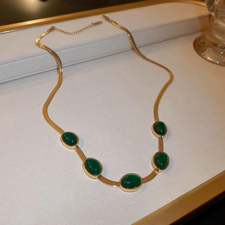 💚 Oval Green Crystal Pendant Necklace Set with Bracelet